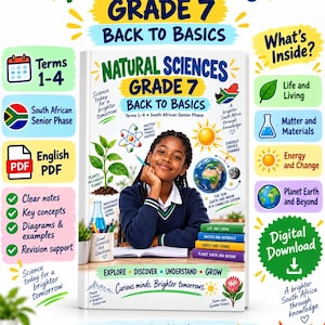 May include: A Natural Sciences Grade 7 Back to Basics textbook featuring a student at a desk with science illustrations including a plant, atom, sun, earth, and moon. The cover includes text such as Terms 1-4, South African Senior Phase, and English PDF.