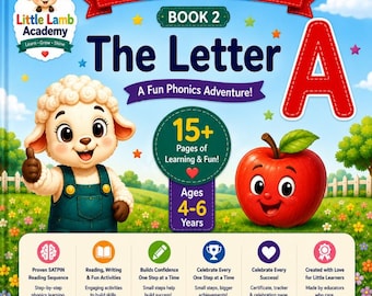 May include: A children's educational book titled My First Reading Adventure Book 2 The Letter A. The cover features a cartoon lamb in green overalls, a large red letter A, and a smiling red apple. It includes text for ages 4-6 and 15+ pages.
