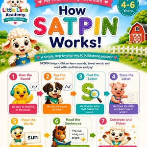 May include: An educational poster titled How SATPIN Works! by Little Lamb Academy for ages 4-6. It features a cartoon lamb and seven numbered steps illustrating a reading method with animals, including hearing sounds, saying sounds, finding letters, and tracing.