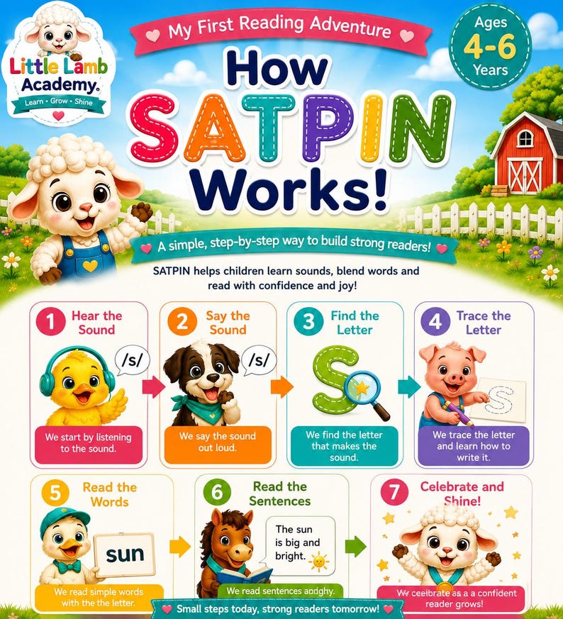 May include: An educational poster titled How SATPIN Works! by Little Lamb Academy for ages 4-6. It features a cartoon lamb and seven numbered steps illustrating a reading method with animals, including hearing sounds, saying sounds, finding letters, and tracing.