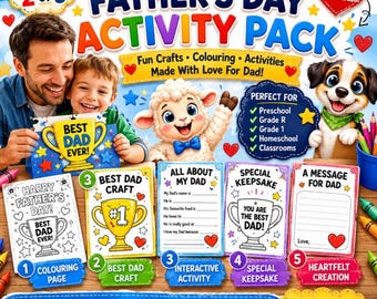 May include: A Father's Day Activity Pack bundle featuring five printable DIY crafts for kids. The colourful digital sheet displays a cartoon lamb, a puppy, and various activity templates including a colouring page, a trophy craft, and worksheets.