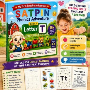 May include: A digital educational book titled My First Reading Adventure SATPIN Phonics Adventure Book 3 Letter T. The cover features a cartoon sheep, a train, a tomato, a tiger, and a turtle. Includes activity pages for tracing, vocabulary, and reading.