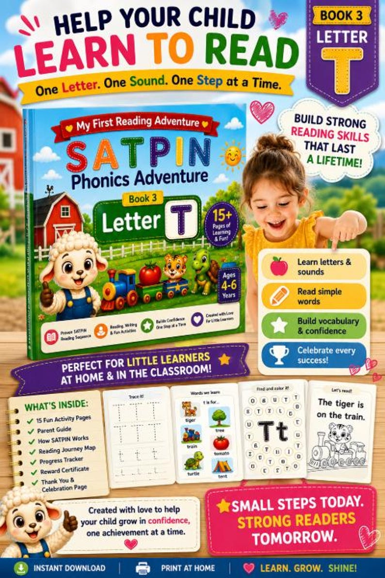 May include: A digital educational book titled My First Reading Adventure SATPIN Phonics Adventure Book 3 Letter T. The cover features a cartoon sheep, a train, a tomato, a tiger, and a turtle. Includes activity pages for tracing, vocabulary, and reading.