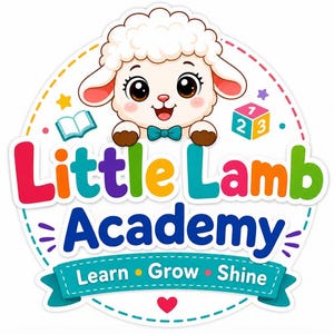 May include: A circular logo featuring a cartoon lamb with a teal bowtie, positioned above the colorful text Little Lamb Academy. Below, a teal banner displays the white text Learn, Grow, Shine, with a small red heart centered at the bottom.