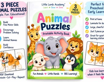 Animal Puzzles for Toddlers | 3 Piece Printable Puzzles | Preschool Matching Activity | Fine Motor Skills | PDF
