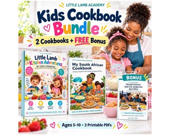 May include: A Kids Cookbook Bundle featuring Little Lamb Academy titles including Little Lamb Kitchen Adventures, My South African Cookbook, and a bonus Traditional South African Recipes book. The set includes three printable PDFs for ages 5-10, showcasing colorful illustrations of children and a lamb character cooking together in a kitchen setting.