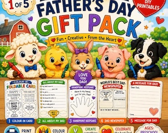 May include: A Father's Day gift pack bundle of 5 printable activities featuring cartoon animals including a lamb, chick, rabbit, pig, and dog. The set includes a foldable card, an all about my dad sheet, a handprint keepsake, a newspaper, and a message.