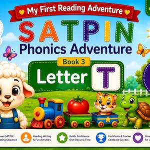 May include: A children's educational book titled My First Reading Adventure SATPIN Phonics Adventure Book 3 Letter T. The cover features a cartoon lamb, a toy train carrying a tomato, a tiger, and a turtle in a green field with a red barn.