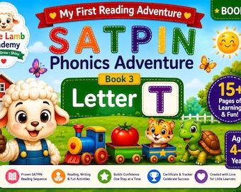 May include: A colourful educational book cover titled My First Reading Adventure SATPIN Phonics Adventure Book 3 Letter T. It features a cartoon lamb, a toy train carrying a tomato and a tiger, and a turtle. Includes text for ages 4-6 years.
