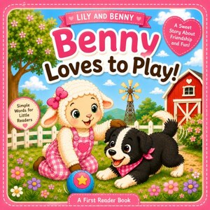 May include: A children's book titled Lily and Benny: Benny Loves to Play! featuring a cartoon lamb in pink overalls and a black and white puppy with a pink bandana playing with a blue ball in front of a red barn and a windmill on a farm.