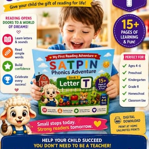 May include: A digital educational book titled My First Reading Adventure SATPIN Phonics Adventure Book 3 Letter T. The cover features a cartoon lamb, a train, a tomato, and a turtle. The text includes Today's Practice, Tomorrow's Confidence!