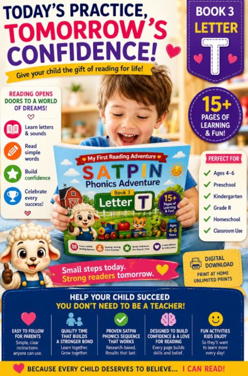May include: A digital educational book titled My First Reading Adventure SATPIN Phonics Adventure Book 3 Letter T. The cover features a cartoon lamb, a train, a tomato, and a turtle. The text includes Today's Practice, Tomorrow's Confidence!
