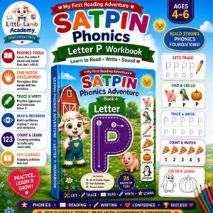 May include: A SATPIN Phonics Letter P workbook for children featuring a cartoon lamb on the cover. The book includes tracing exercises, letter recognition, counting activities, and illustrations of a pig, parrot, pencil, pizza, pumpkin, and penguin.