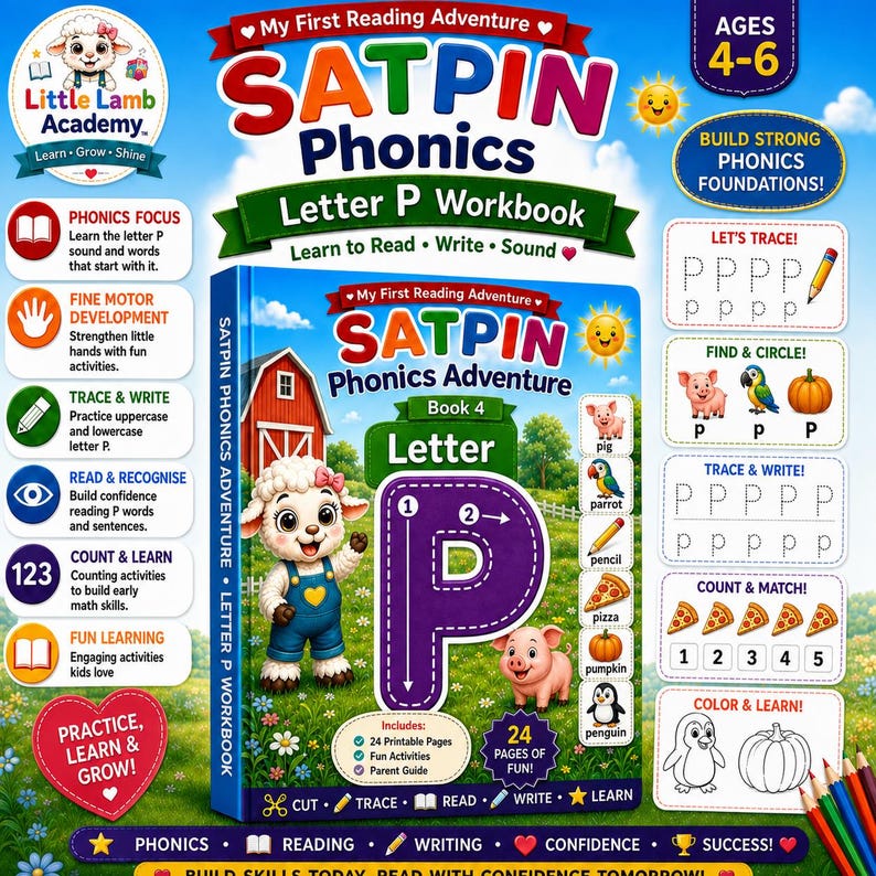 May include: A SATPIN Phonics Letter P workbook for children featuring a cartoon lamb on the cover. The book includes tracing exercises, letter recognition, counting activities, and illustrations of a pig, parrot, pencil, pizza, pumpkin, and penguin.