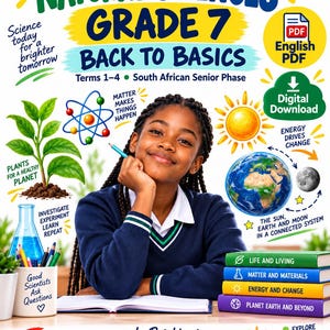 Può includere: Un poster educativo di scienze naturali per la settima classe intitolato Back to Basics che mostra uno studente, una pianta, un atomo, il sole, la terra, la luna e quattro libri intitolati Life and Living, Matter and Materials, Energy and Change e Planet Earth and Beyond.