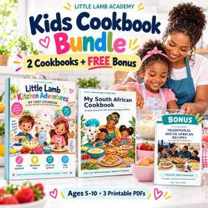 May include: A Kids Cookbook Bundle featuring three digital books: Little Lamb Kitchen Adventures, My South African Cookbook, and a bonus Traditional South African Recipes book. The bundle includes 24 easy recipes for children aged 5-10.