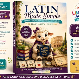 May include: A book titled Latin Made Simple featuring a cartoon lamb holding a book labeled Latin Magistra Vitae. The cover shows a stack of books, flashcards, a magnifying glass, and a scroll against a Roman landscape. The surrounding text highlights features like simple explanations, step-by-step learning, and songs for ages 8 and up.
