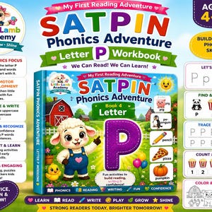 May include: A colorful educational workbook titled My First Reading Adventure SATPIN Phonics Adventure Letter P Workbook for ages 4-6. The cover features a cartoon lamb, a large purple letter P, and illustrations of a pig, penguin, pencil, pizza, and pumpkin.