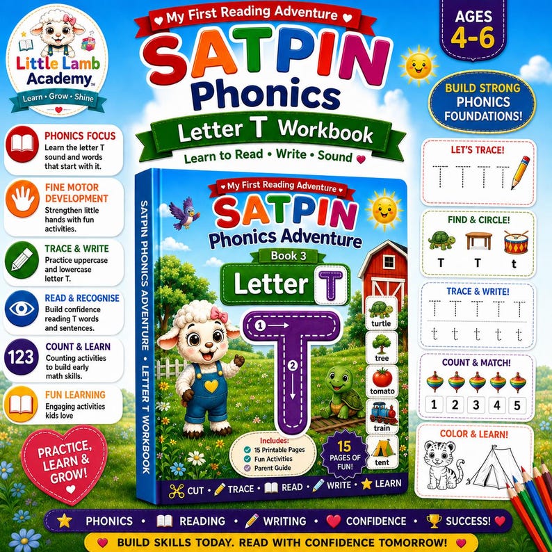 May include: A colorful educational workbook titled SATPIN Phonics Letter T Workbook for ages 4-6. The cover features a cartoon lamb, a large letter T with directional arrows, a red barn, a turtle, and various learning icons and text prompts.