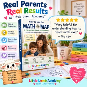 Op de afbeelding: Een boek getiteld How to Use the MATH MAP, een gids voor ouders die thuisonderwijs geven, met een coverafbeelding van een ouder en kind die studeren. Het boek is omringd door educatieve iconen, een mok, gekleurde boeken en een lammetje.