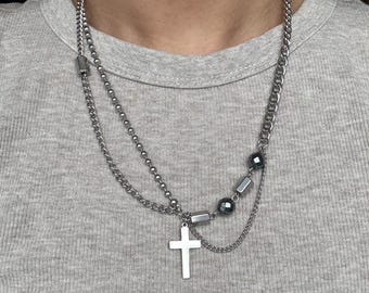Silver Cross necklace, goth grunge cross necklace, punk alt cross pendnant, multi chain cross choker, edgy beaded chain cross