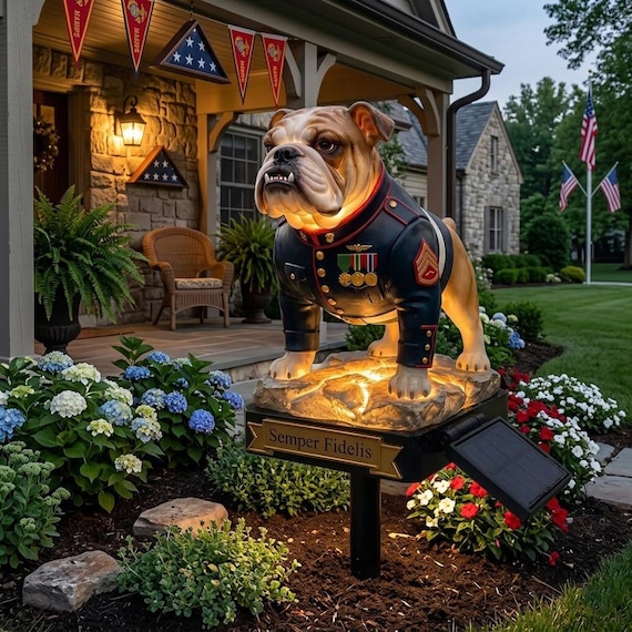 USMC Devil Dog Semper Fidelis Solar Garden Light | Marine Corps Bulldog Mascot Solar Stake | Military Veteran Patriotic Memorial Yard Decor