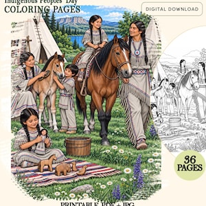 Målarbilder för ursprungsbefolkningarnas dag att skriva ut, målarbok för indiansk historia i PDF-format, 36 digitala sidor för barnaktiviteter