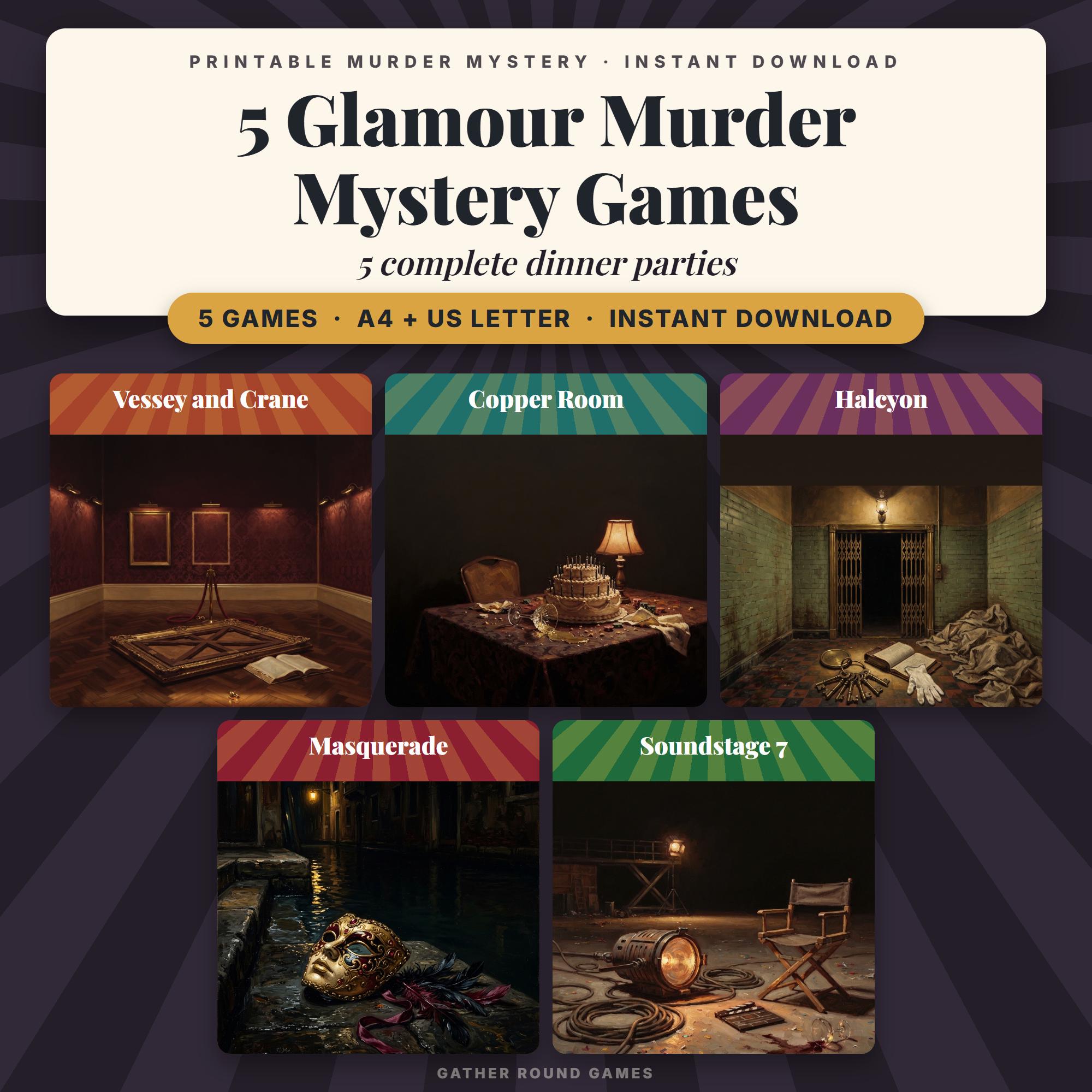 5 Glamour Murder Mystery Party Games Bundle