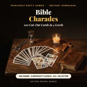 May include: A set of printable Bible Charades party game cards featuring 100 cut-out cards in 4 levels. The image displays a wooden table with an hourglass, scissors, a lit candle, a wooden cross, a leather-bound book, and a fan of game cards.