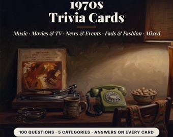 70s Trivia Cards Printable, 100 Quiz Questions in 5 Categories, 1970s Party Game for Adults, Retro Birthday Trivia Night