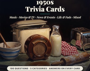 50s Trivia Cards Printable, 100 Quiz Questions in 5 Categories, 1950s Trivia Game for Seniors and Adults, Retro Party Game
