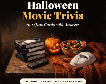 Halloween Movie Trivia Game, 100 Printable Horror Film Quiz Cards with Answers, Halloween Trivia, Printable Halloween Movie Trivia Game