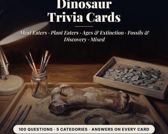 Dinosaur Trivia Cards Printable, 100 Quiz Questions in 5 Categories, Kids Birthday Party Game, Classroom Activity