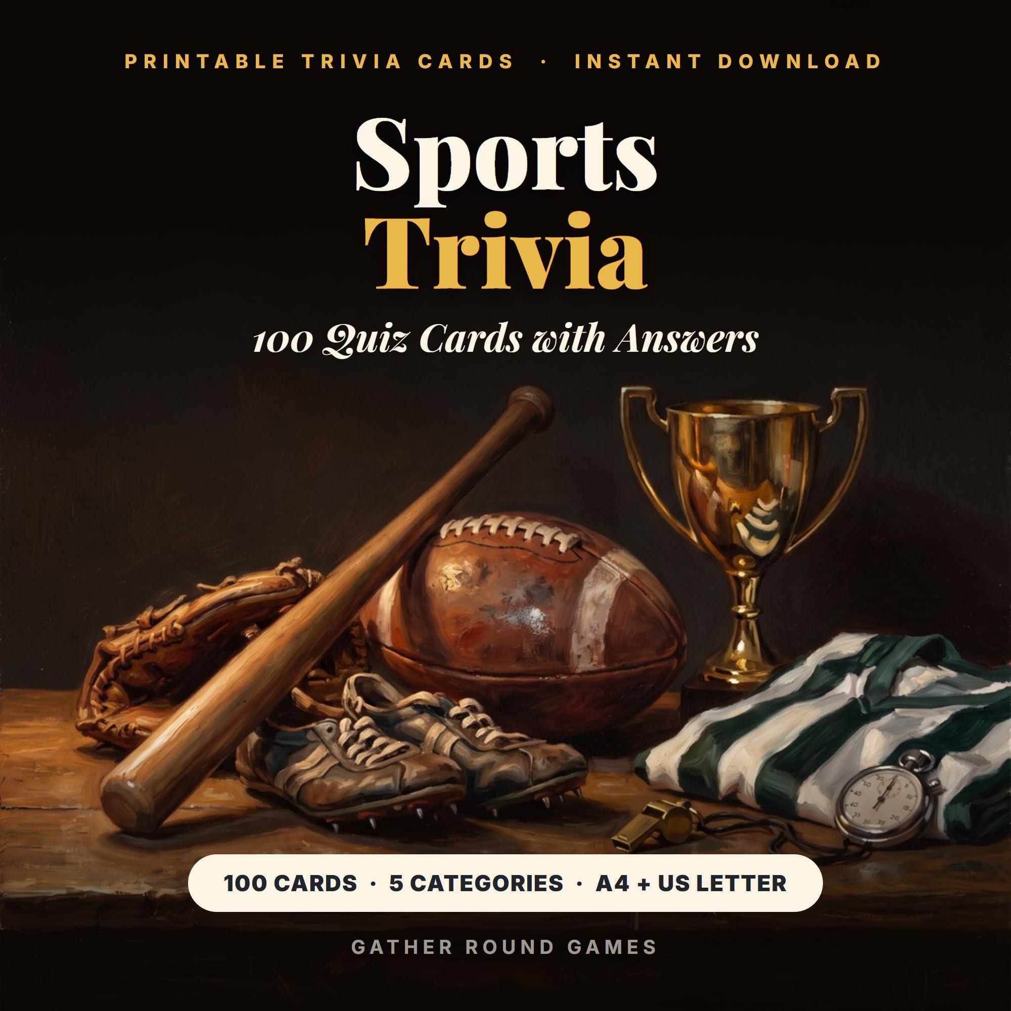 Sports Trivia Game Printable, 100 Quiz Cards with Answers