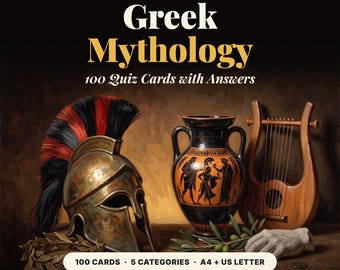 Greek Mythology Trivia Cards | 100 Printable Quiz Questions, Gods, Monsters and Heroes Quiz Game (Digital Download)