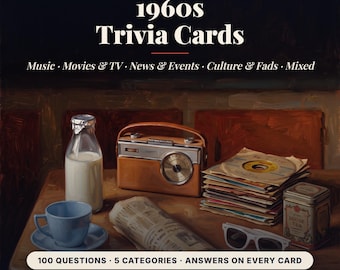 60s Trivia Cards Printable, 100 Quiz Questions in 5 Categories, 1960s Party Game for Adults, Retro Trivia Night