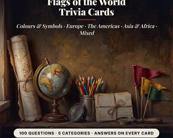 Flags of the World Trivia Cards Printable, 100 Quiz Questions in 5 Categories, Geography Game, Classroom Activity