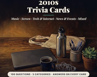2010s Trivia Cards Printable, 100 Quiz Questions in 5 Categories, 2010s Party Game for Adults, Millennial Trivia Night