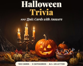Halloween Trivia Cards, 100 Printable Quiz Questions with Answers, 5 Categories, Halloween Party Game, Printable Halloween Trivia Cards
