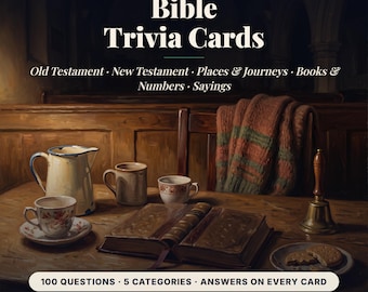 Bible Trivia Cards Printable, 100 Quiz Questions in 5 Categories for Youth Group and Sunday School, Christian Party Game