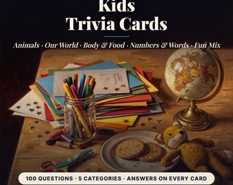 Kids Trivia Cards Printable, 100 Quiz Questions in 5 Categories for Ages 6 to 12, Classroom Activity, Quiz Cards for Kids