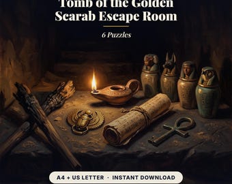 Tomb of the Golden Scarab Escape Room, Printable Egyptian Puzzle Party Kit, 6 Puzzles