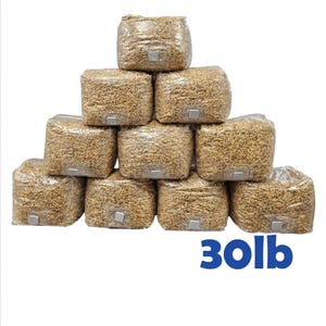 May include: A pyramid stack of ten rectangular bags filled with light brown grain, each sealed in clear plastic with a small white filter patch. The total weight is labeled as 30lb in blue text at the bottom right of the image.