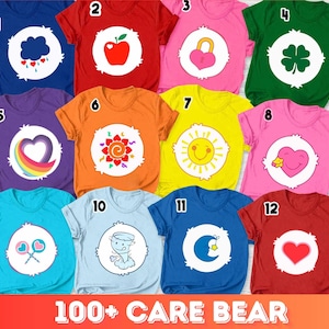 May include: Twelve short-sleeved t-shirts in various colors, each featuring a white circular patch with a unique graphic icon including a cloud, apple, lock, clover, heart, sun, lollipop, tornado, moon, and heart. Text at the bottom reads 100+ CARE BEAR.