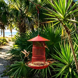 Red Metal Squirrel-Proof Bird Feeder, Hanging Mesh Seed Feeder for Wild Birds, Outdoor Garden & Patio Decor
