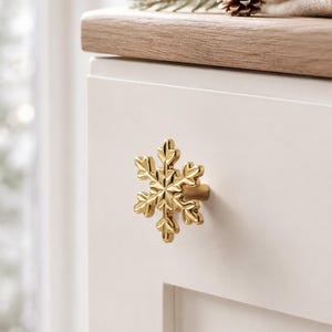 Solid Brass Snowflake Cabinet Knob, Winter Drawer Pull, Single Hole Furniture Handle