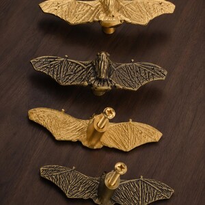 May include: Four bat-shaped cabinet knobs arranged in a vertical row. Two knobs are finished in a bright gold tone, while the other two feature a dark, antiqued bronze finish. Each knob includes a central mounting post with a visible screw.