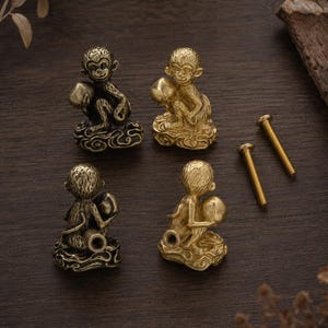 Brass Monkey Cabinet Knob, Peach Holding Drawer Pull, Antique Furniture Handle