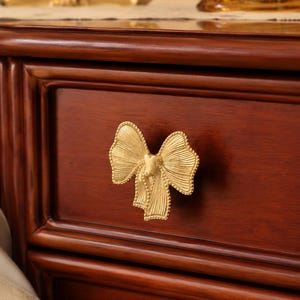 Hand-Finished Brass Bow Cabinet Knob, Heart Ribbon Drawer Pull, Vintage Single Hole Wardrobe Handle, Dresser Hardware, Housewarming Gift