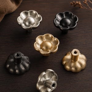 Puede incluir: Un conjunto de seis pomos para armarios con forma de flor en varios acabados metálicos, incluyendo oro cepillado, negro mate y plata. Cada pomo presenta una cúpula central rodeada por seis pétalos redondeados y un poste roscado.